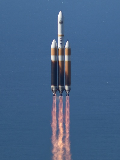Delta IV Heavy rocket ascending with NROL-71 during the day, from a public domain USSF photo
