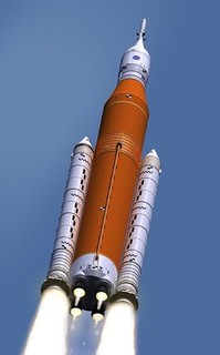 NASA-generated rendering of the Space Launch System launching