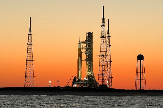 Photo of the NASA SLS rocket at sunset on pad LC-39B taken on a Star Fleet boat tour